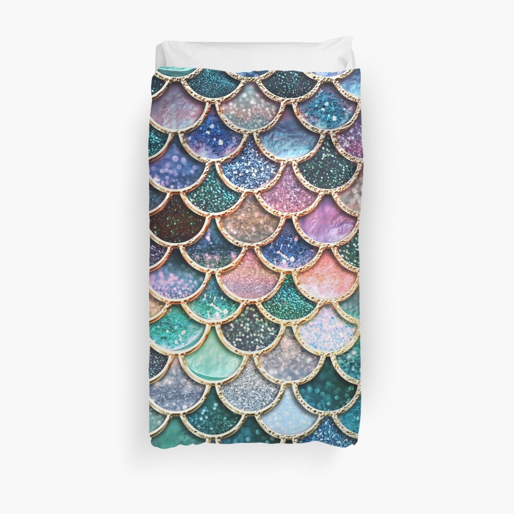 Teal, Silver and Pink Sparkle Faux Glitter Mermaid Scales Duvet Cover