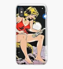 Giant woman with amazed astronaut, funny sci-fi vintage poster iPhone Case