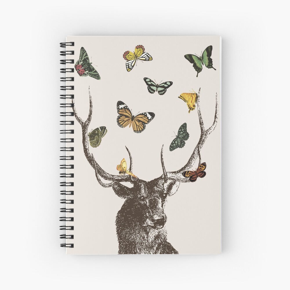 The Stag and Butterflies | Deer and Butterflies | Vintage Stag | Antlers | Woodland | Highland | Spiral Notebook