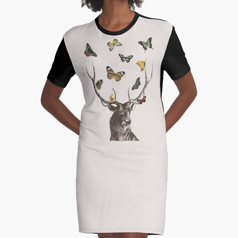 The Stag and Butterflies | Deer and Butterflies | Vintage Stag | Antlers | Woodland | Highland | Graphic T-Shirt Dress
