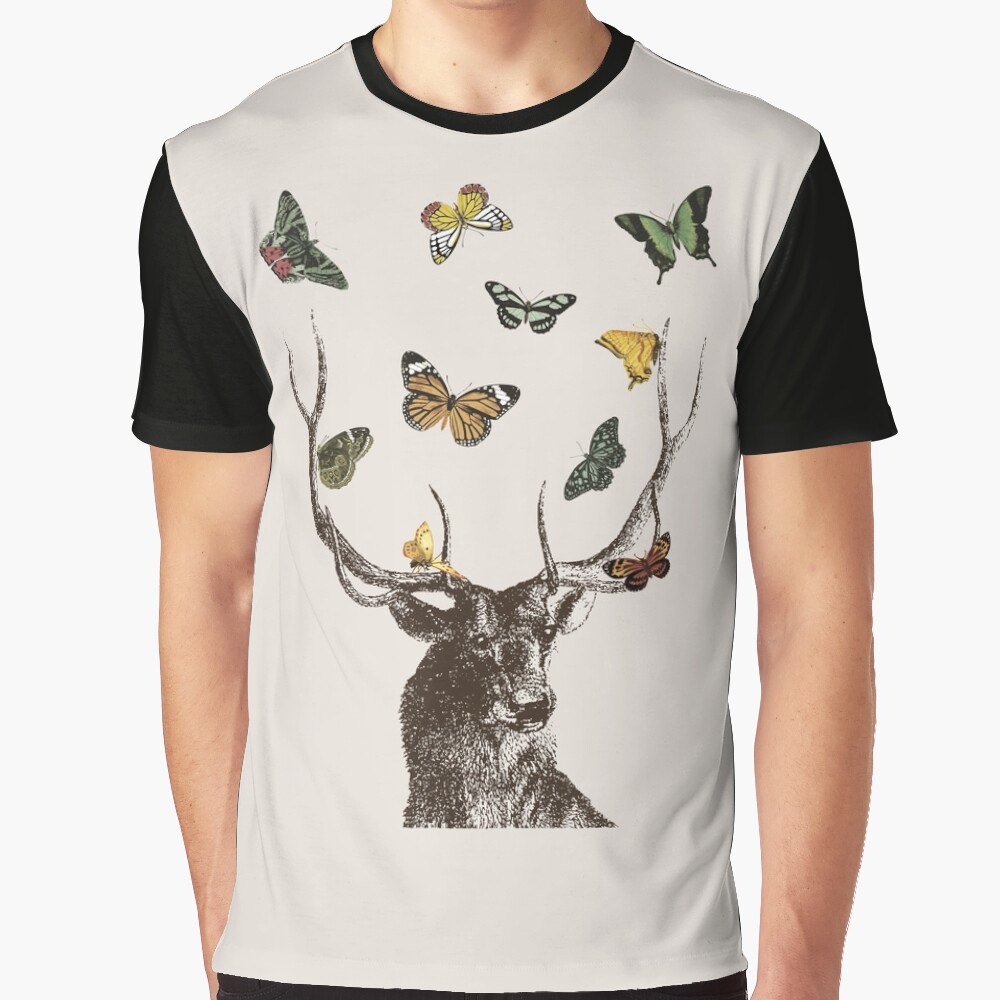 The Stag and Butterflies | Deer and Butterflies | Vintage Stag | Antlers | Woodland | Highland | Graphic T-Shirt