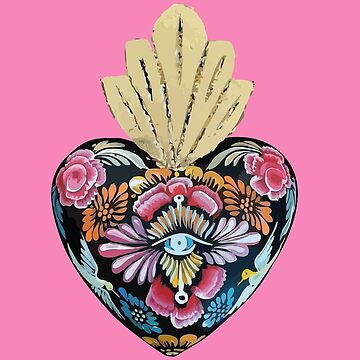 Mexican wooden heart Oaxacan wood carving hand painted flower evil eye  milagrito folk art interior design pastel pink decoration Art Board Print  for Sale by T-Mex