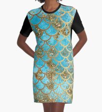 Teal, Gold Glitter and Blue Sparkle Faux Glitter Mermaid Scales Graphic T-Shirt Dress
