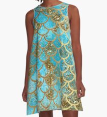 Teal, Gold Glitter and Blue Sparkle Faux Glitter Mermaid Scales A-Line Dress