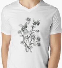 bees and chamomile on dusty pink background V-Neck T-Shirt