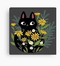 Black cat with flowers Canvas Print