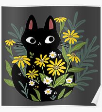 Schwarze Katze mit Blumen Poster