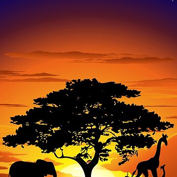 Artwork thumbnail, Wild Animals on African Savanna Sunset  by BluedarkArt