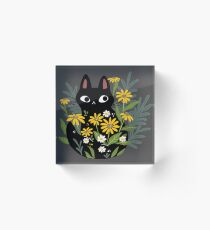Schwarze Katze mit Blumen Acrylblock