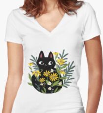 Schwarze Katze mit Blumen Shirt mit V-Ausschnitt