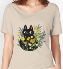Camiseta ancha para mujer Gato negro con flores