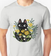 Black cat with flowers Unisex T-Shirt