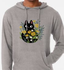 Black cat with flowers Lightweight Hoodie