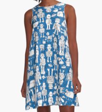 Robot Pattern - white on blue - Fun repeat pattern by Cecca Designs A-Line Dress