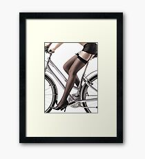Sexy Woman Riding a Bike in Lingerie and Stockings art print Framed Print