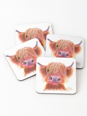 Scottish Highland Hairy Cow ' CHILLI CHOPS ' by Shirley MacArthur Coasters