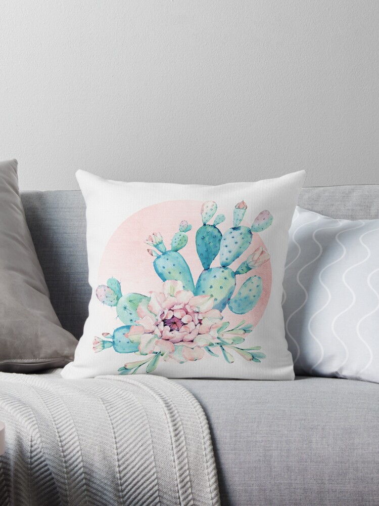 Pretty Cactus Mint Green Pink And Rosegold Desert Cacti Wall Art Throw Pillow By Desertdecor