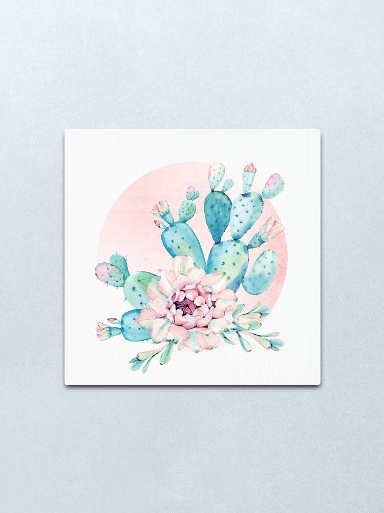 Pretty Cactus Mint Green Pink And Rosegold Desert Cacti Wall Art Metal Print