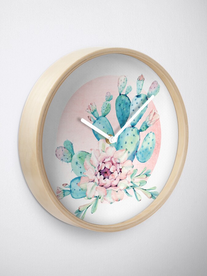 Pretty Cactus Mint Green Pink And Rosegold Desert Cacti Wall Art Clock