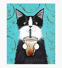 Tuxedo Cat with Iced Coffee Photographic Print