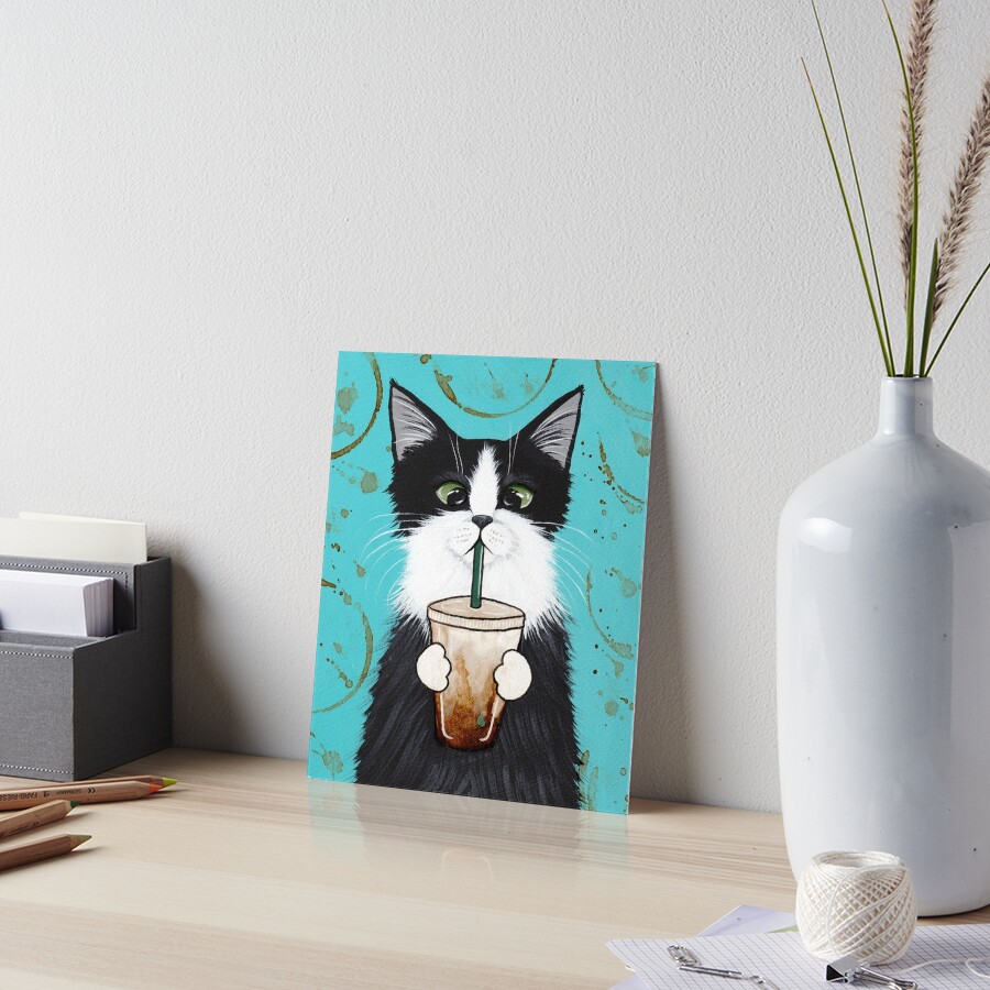Tuxedo Cat with Iced Coffee Art Board Print