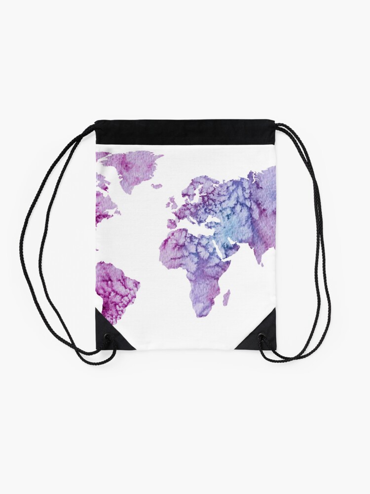Alternate view of World Map: Pink and Purple watercolor design Drawstring Bag