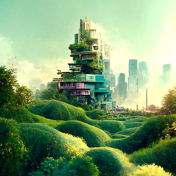 A solarpunk city with white skyscrapers, plants and the ocean nearby