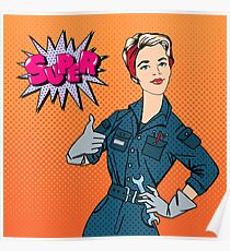 Girl with Tools. Woman with Tools. Working Woman. Woman Gesturing Great. Woman Repairer. Pop Art Banner. Retro Pin Up Girl. Poster