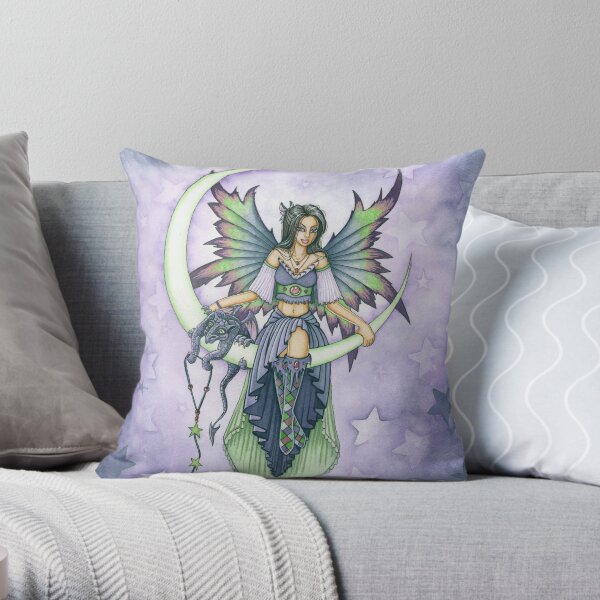Fairy and Dragon Sitting on the Moon Throw Pillow