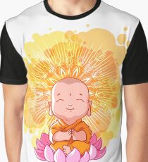 Little meditating monk on the lotus. Sunny day. Cartoon Buddha Graphic T-Shirt