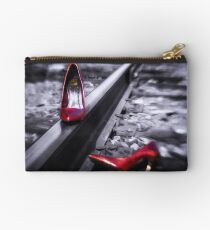 Kick Off Your Shoes Red high heel shoes on railroad tracks Studio Pouch
