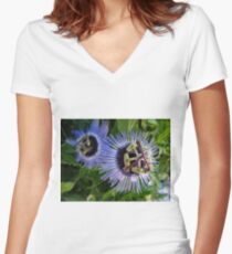 Passionflower in blue Women's Fitted V-Neck T-Shirt