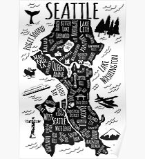 Seattle Illustrated Map in Black and White Poster