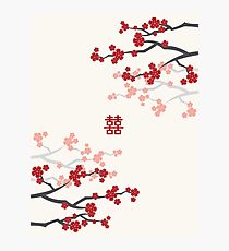 Red Oriental Cherry Blossoms on Ivory and Chinese Wedding Double Happiness | Japanese Sakura Photographic Print