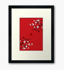 White Oriental Cherry Blossoms on Red and Chinese Wedding Double Happiness | Japanese Sakura Framed Print