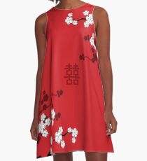 Weiße orientalische Kirschblüten auf rotem und chinesischem Hochzeits-doppeltem Glück | Japanische Sakura A-Linien Kleid