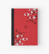 White Oriental Cherry Blossoms on Red and Chinese Wedding Double Happiness | Japanese Sakura Hardcover Journal