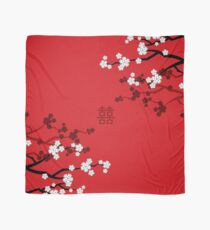 White Oriental Cherry Blossoms on Red and Chinese Wedding Double Happiness | Japanese Sakura Scarf