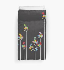 Colorful Whimsical Tweet Birds On White Branches Duvet Cover