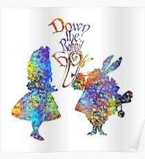 Alice im Wunderland u. Weißes Kaninchen-bunter Aquarell-Spritzer Poster