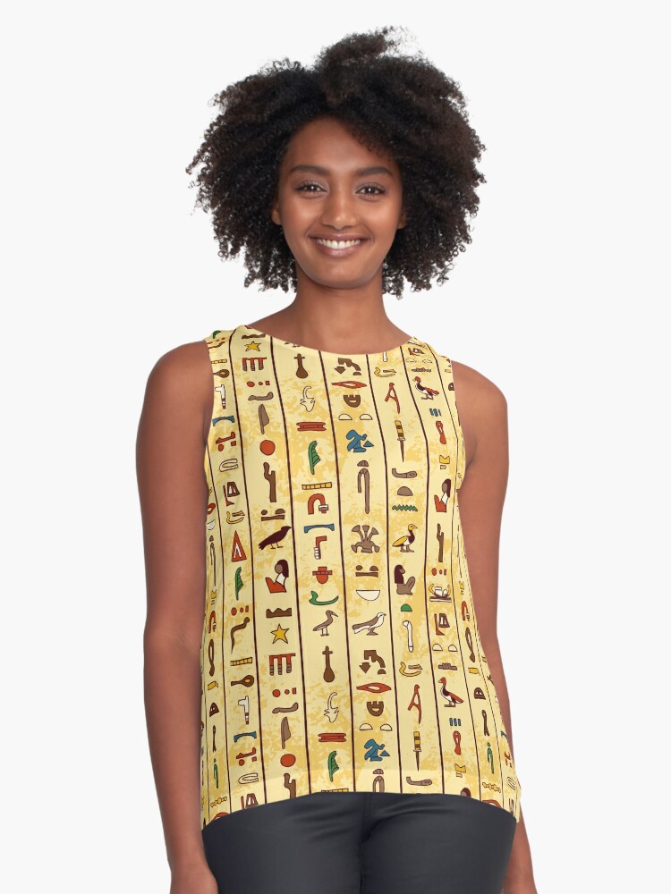 Seamless Pattern With Multicolored Ancient Egyptian Hieroglyphics On Papyrus Old Paper Background Sleeveless Top By Kateja
