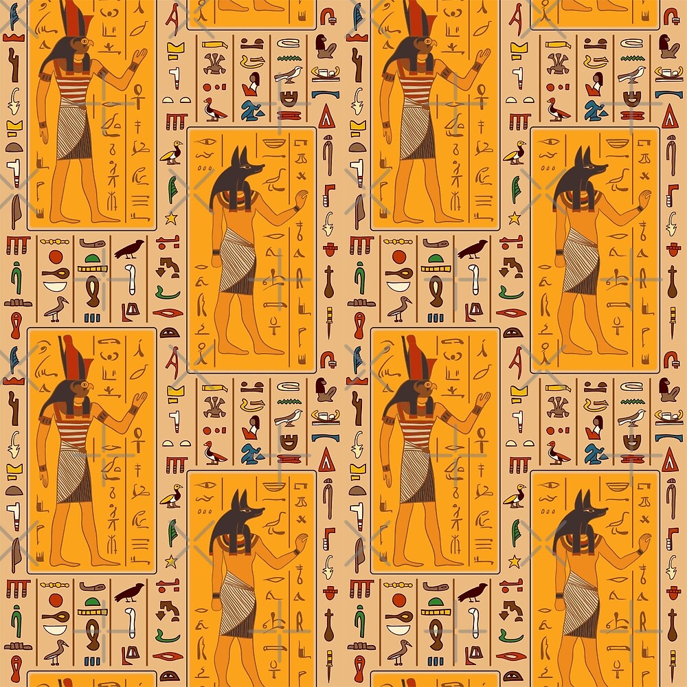 "Seamless pattern with egyptian gods and ancient egyptian hieroglyphs ...