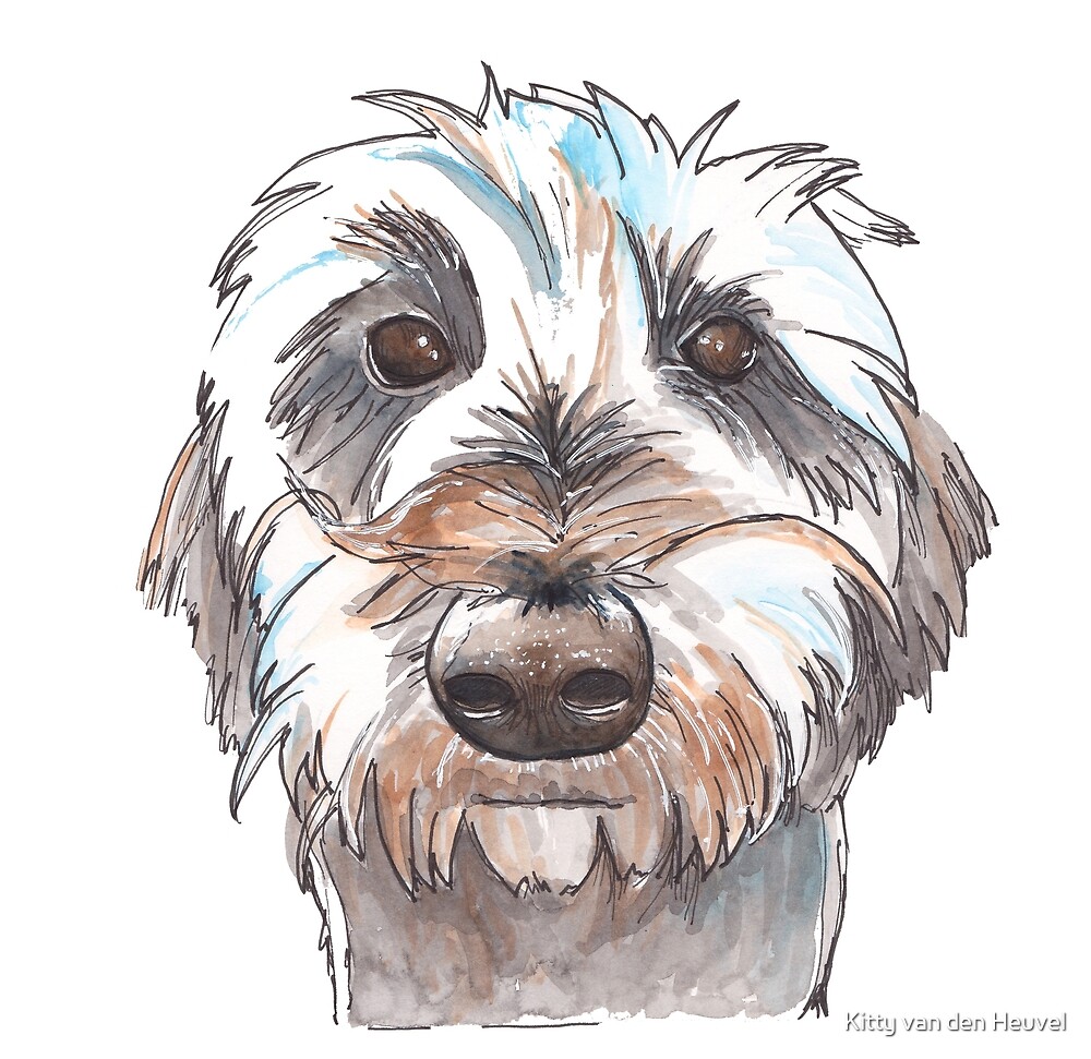 Does my hair look good? Dog portrait illustration in watercolors by Kitty van den Heuvel