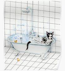 Tuxedo Cat Reading Newspaper in Bathtub Poster