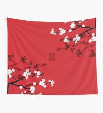 White Oriental Cherry Blossoms on Red and Chinese Wedding Double Happiness | Japanese Sakura Wall Tapestry