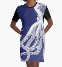 Oktopus | Marineblau und Weiß T-Shirt Kleid