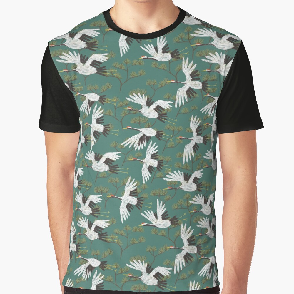 Japanese Crane Pattern Graphic T-Shirt