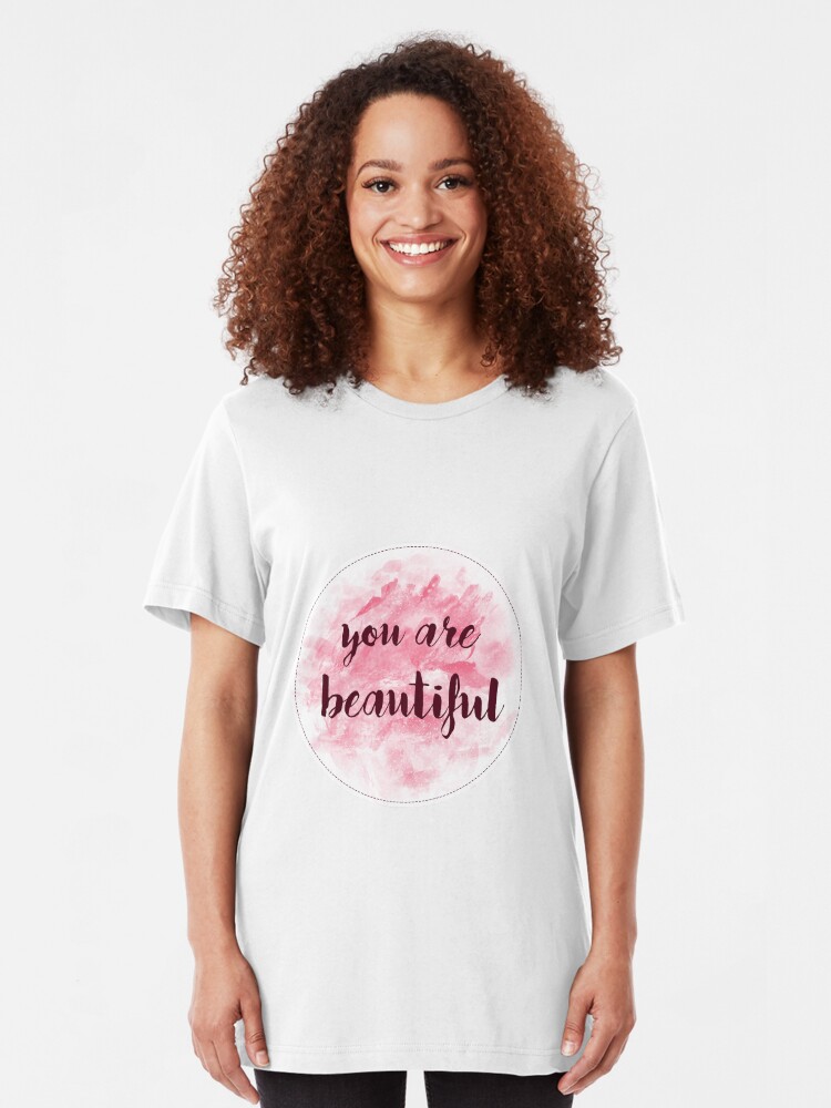 Alternate view of You Are Beautiful sticker design | pink watercolor Slim Fit T-Shirt