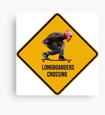 Longboarders crossing caution sign. Canvas Print