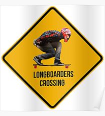 Longboarders crossing caution sign. Poster